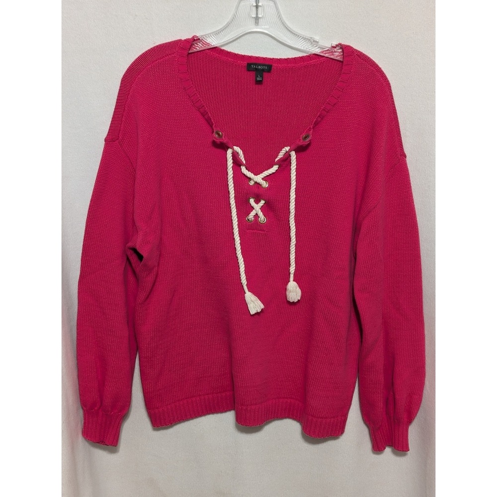 Talbots Women Pink Lace Up Rope Tassel Cotton Shaker Stitch Sweater Large